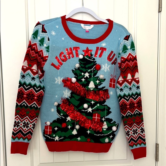 No Boundaries, Sz M, ugly Christmas sweater, Christmas tree, tinsel - Picture 1 of 7